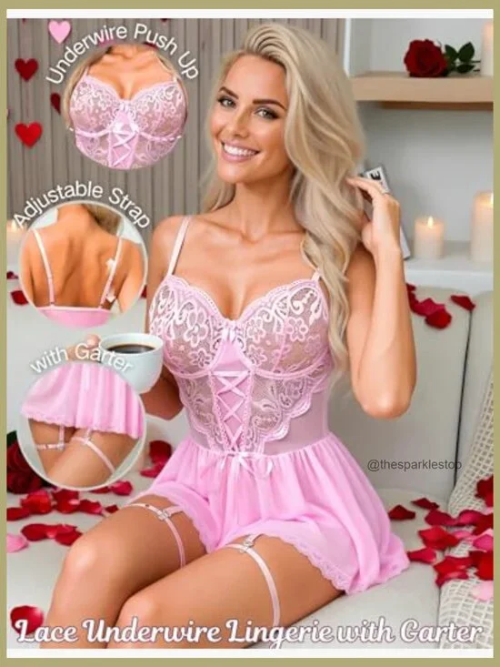 Lace Babydoll Chemise with Underwire Push Up Bra and Garter - Picture 3 of 7